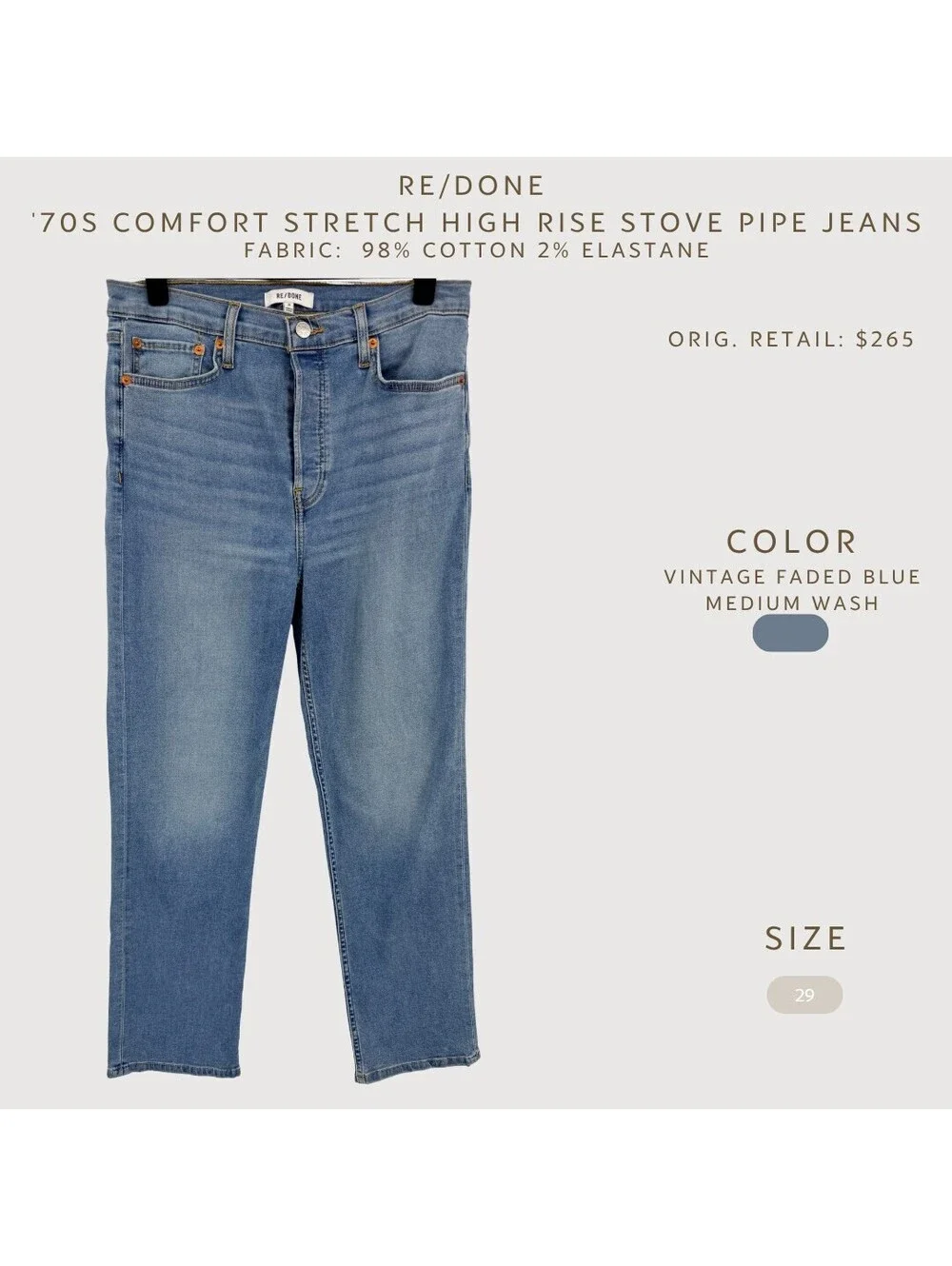 RE/DONE 70s Comfort Stretch High Rise Stove Pipe Jeans 29